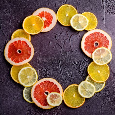 Citrus Fruit Slices Of Lemon Orange Grapefruit In Circle Shape On