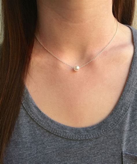 Floating Pearl Necklace Dainty Necklace Single Pearl Etsy