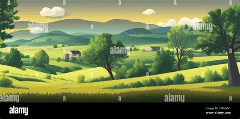 Vector Illustration Of Beautiful Summer Fields Landscape With Sunrise