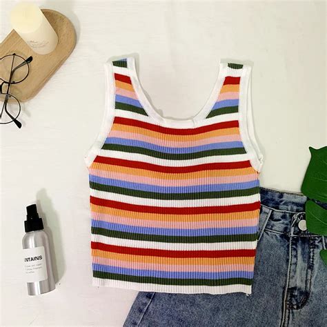 Heliar Striped Female Camis Women Knitted Crop Tops Sexy Tank Top Striped Cotton Femme Camis