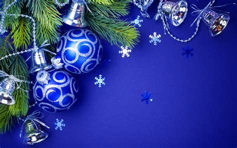 Download Wallpapers Blue Christmas Balls New Year Silver Bells Blue