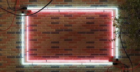 正方形のネオン サイン レンガ壁と火災サイン フレーム セメント壁のネオン ライト メッセージ フレーム レンガ壁 プレミアム写真
