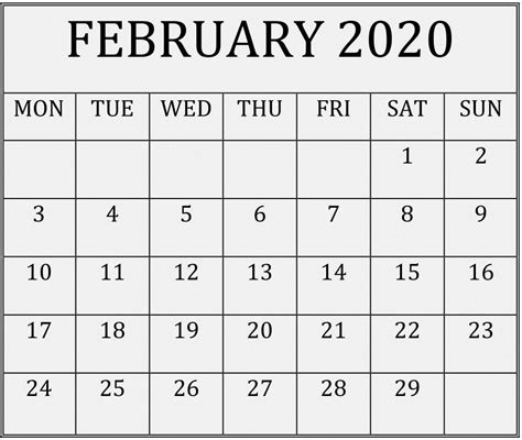 20 February 2020 Calendar With Holidays Free Download Printable