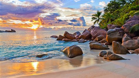 Rock Sand Sunlight Water Ocean La Digue Beach Exotic Indian