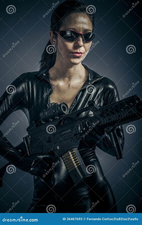 Pistol Girl Military Woman Posing With Guns Stock Image Image Of