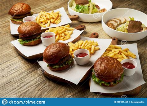 Set Of Burgers With French Fries And Ketchup Sauce Stock Image Image