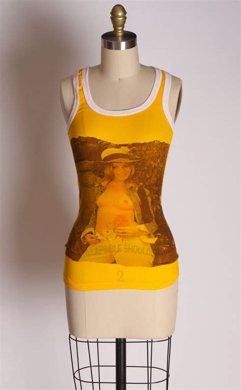 deadstock 1970s novelty nude sexy topless bell bottom blonde in hat pin up tank top shirt by