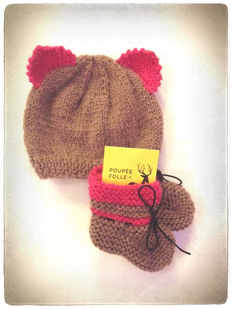 Bonnet Et Chaussons Bebe En Alpaga Tricot Marron Et Rose Oreilles D