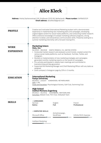 Learn what an internship resume objective is, how to write one and use these examples to help you write your own. Marketing Intern Resume Example | Kickresume