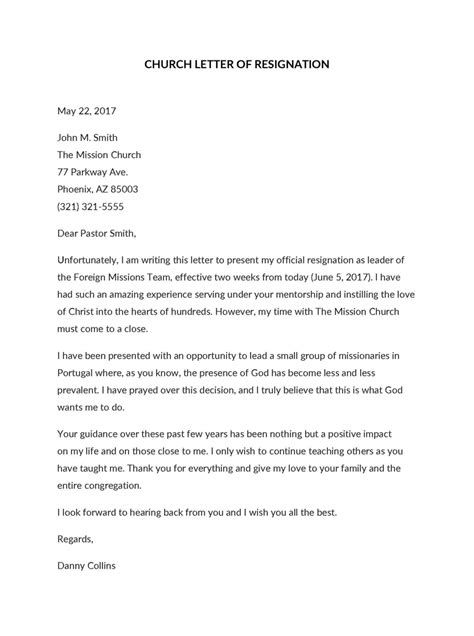 Church Resignation Letter Samples Religious Group