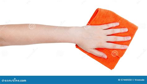 Hand With Orange Cleaning Rag Isolated On White Stock Photo Image Of