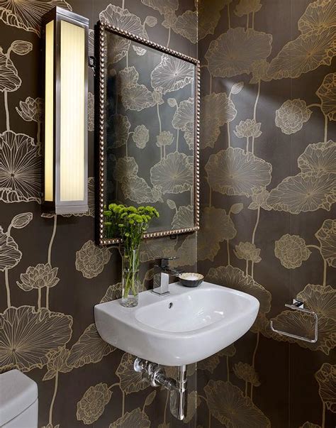 Brown And Gold Powder Room With Gingko Leaf Wallpaper