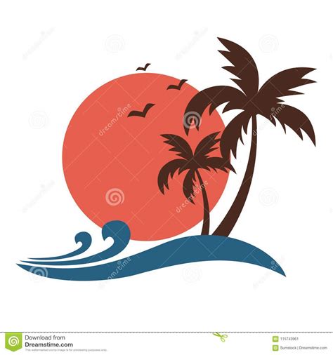 Palm Trees Silhouette With Sun And Ocean Waves Stock