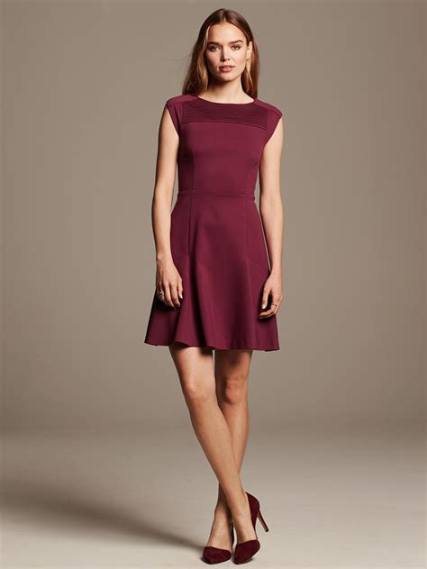 Banana Republic Pintuck Ponte Fit And Flare Dress In Purple Cranberry