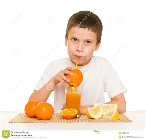 Boy Drink Orange Juice With Straw Stock Image Image Of Drink Juice
