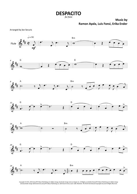 Despacito Sheet Music Luis Fonsi Featuring Daddy Yankee Flute Solo