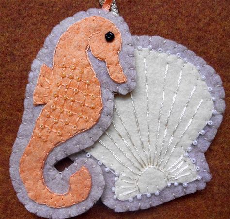 Apricot Felt Seahorse And Seashell Ornament Set