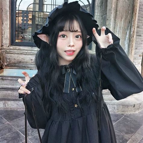 Qweek Kawaii Gothic Lolita Dress Cute Fairy Harajuku Mall Goth Black