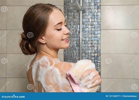 Young Woman Covered With Soap Foam Taking Shower Stock Image Image Of