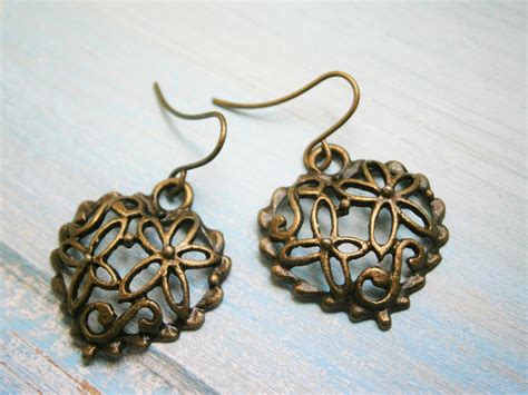 Filigree Heart Antique Bronze Charm On Antique Bronze French Earring