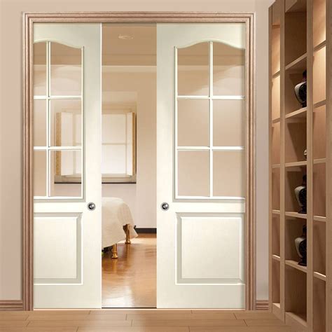 Double Pocket Classique 6 Light White Sliding Door System In Three Size Widths With Clear Glass