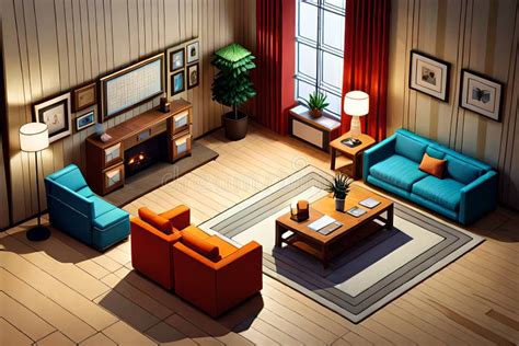 Detailed Isometric Living Room Pixel Art Stock Illustration