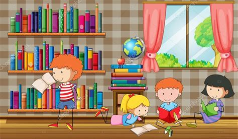 Niños Leyendo Libros En La Biblioteca Ilustración De Stock De