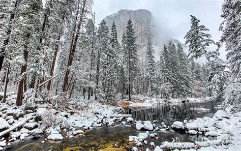 El Capitan And The Merced River With Snow In Yosemite National Park