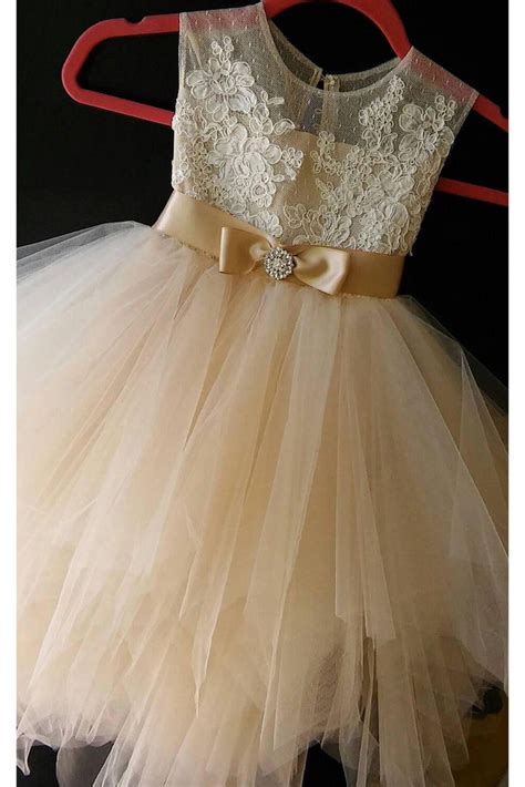 Cheap Champagne Tulle Flower Girl Dress With Lace Cute Flower Girl Dress With Bow Belt F050