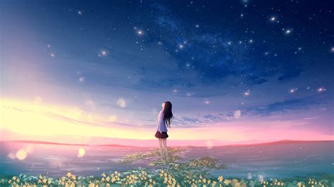 Download Wallpaper 2048x1152 Original Sunset Landscape Anime Girl
