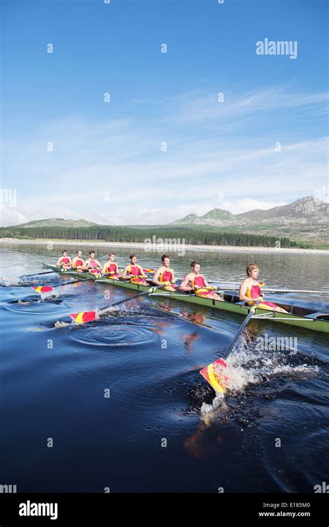 Rowing Crew Rowing Scull On Lake Stock Photo Alamy