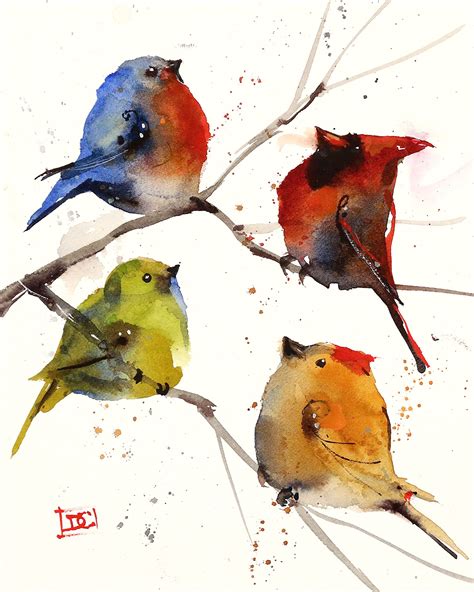 Songbirds In Tree Original Watercolor Painting By Dean Crouser