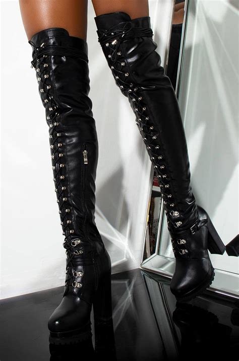 Azalea Wang Faux Leather Lace Up Lug Sole Block Heel Buckle Thigh High Boots In Black Pu In 2020