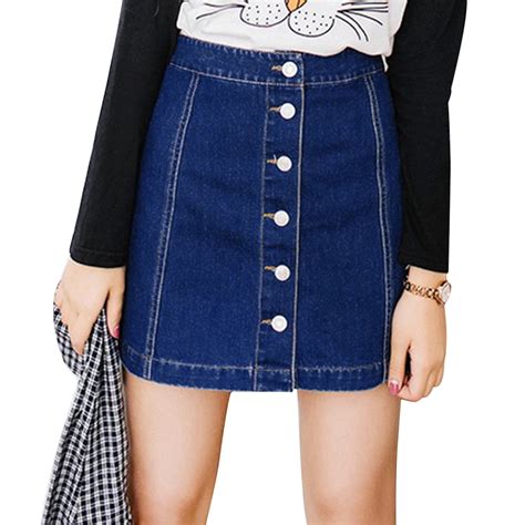 2018 Preppy Vintage A Line Denim Skirts Women Front Button High Waist