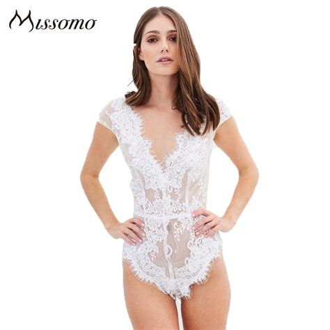 Missomo Solid White Sexy Lace Bodysuits Women Mesh Semi Sheer Backless