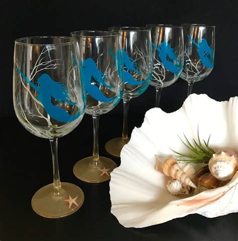 Mermaid Wine Glass Hand Painted Nautical Glassware Beach Decor Etsy