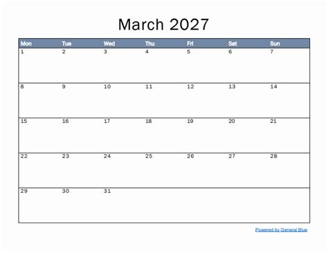 Monthly Calendar Template For March 2027