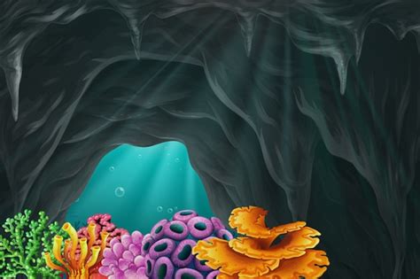 Premium Vector Coral Reef In The Cave Underwater