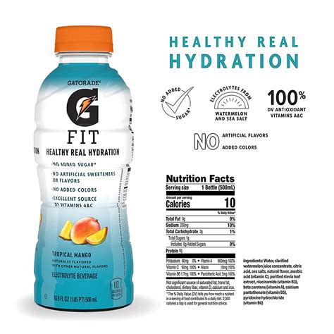 Gatorade Fit Electrolyte Beverage Healthy Real Hydration Tropical Mango 169 Oz Bottle