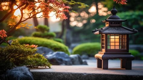 Harmonious Scene Japanese Lantern Casting Soft Glow In Zen Garden