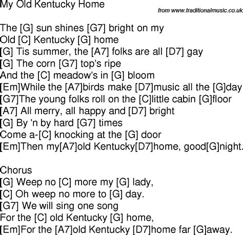 Old Time Song Lyrics With Guitar Chords For My Old Kentucky Home G