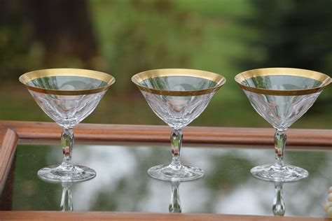 Vintage Crystal Gold Rimmed Martini Cocktail Glasses Set Of 4 Elegant