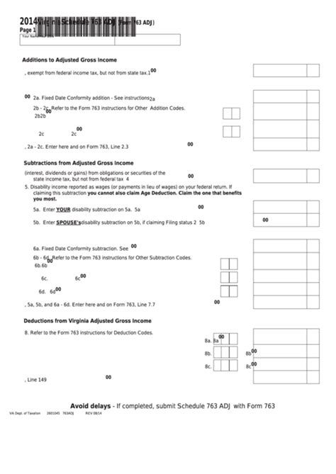 Fillable Virginia Schedule 763 Adj Form 763 Adj 2014 Printable Pdf