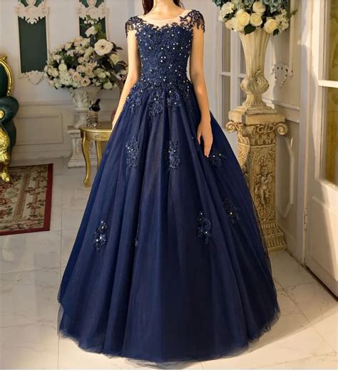 Buy Elegant Navy Blue Ball Gown Prom Dresses 2017 Hot Cap Sleeves Floor Length