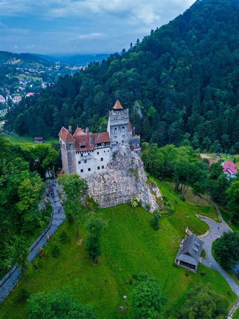 Aerial Panorama View Of The Medieval Bran Castle Known For The Myth Of