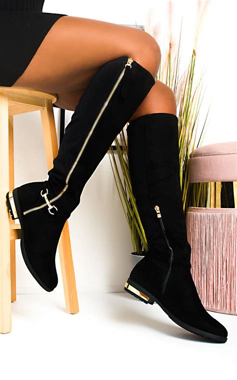 linsey faux suede knee high buckle boots in black s ikrush