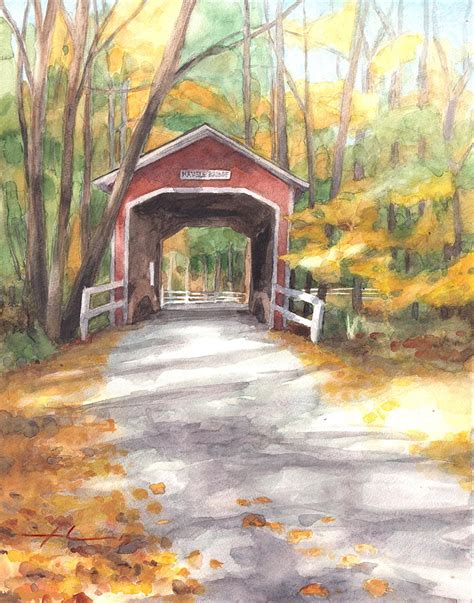 Covered Bridge Autumn Shadows Watercolor Painting Drawing By Mike Theuer