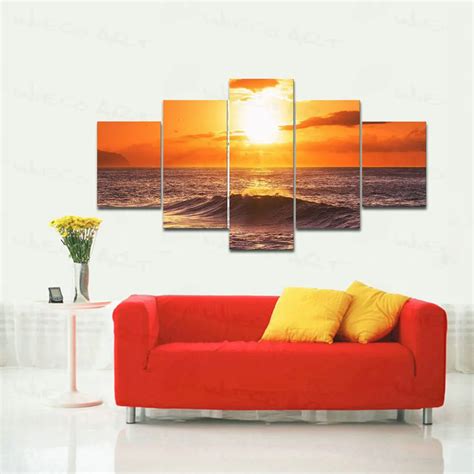 Wieco Art 5 Panels Stretched Large Size The Morning Sea Hd Canvas