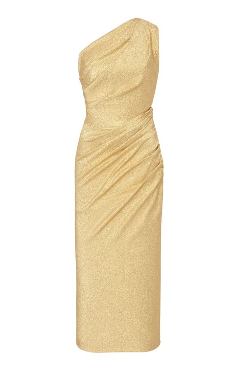 Dolce And Gabbana One Shoulder Metallic Silk Blend Midi Dress In Gold
