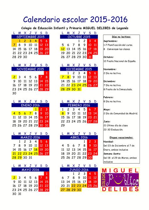 Ampa Ceip Miguel Delibes De LeganÉs Calendario Escolar Curso 2015 2016